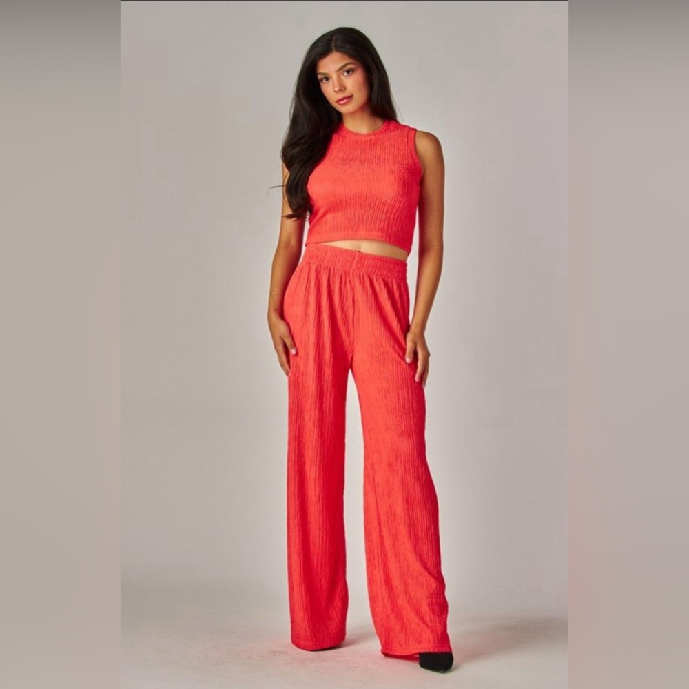 Love Poem Plisse Lounge Set Coral Red Large Wide Leg 2 piece Spring Summer NWT